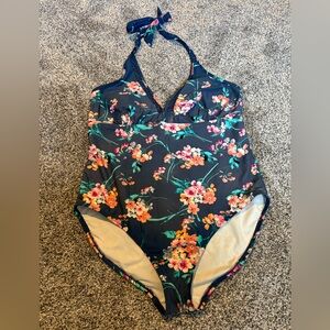 Time and Tru Floral One Piece Swimsuit - blue, pink and Orange